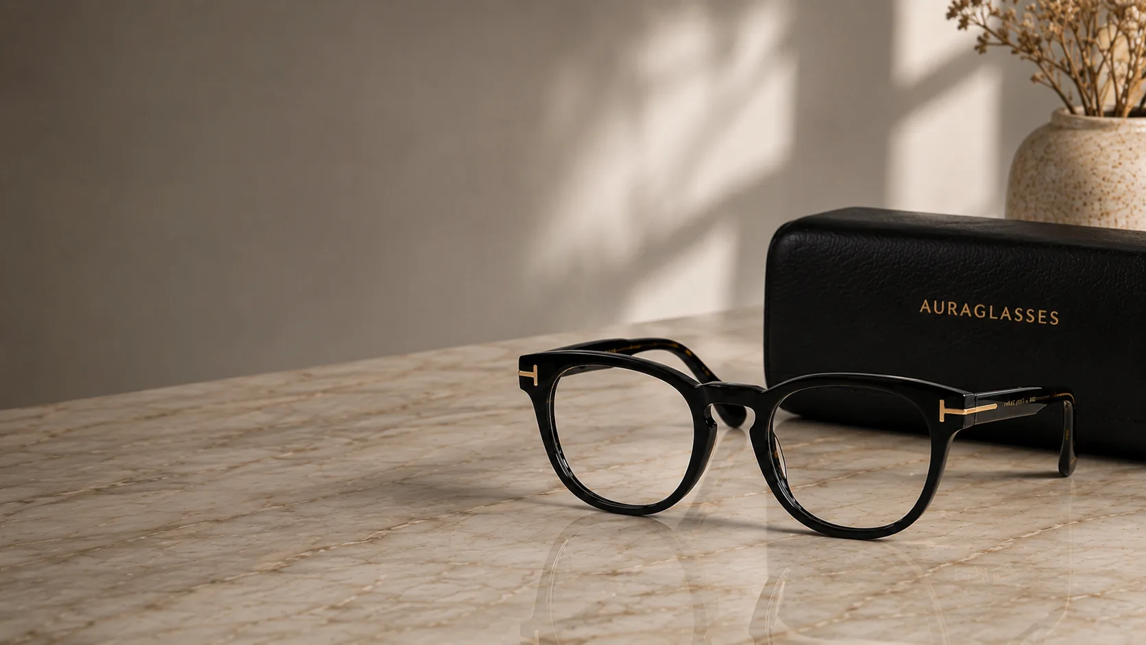 Black optical frame presented on a marble surface
